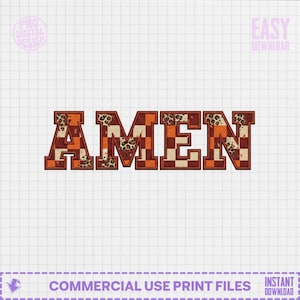 Op de afbeelding: Het woord "AMEN" in een vetgedrukte blokletterstijl. De letters hebben een mix van oranje en bruine ruitpatronen, met luipaardprint accenten. Het ontwerp staat tegen een witte rasterachtergrond.