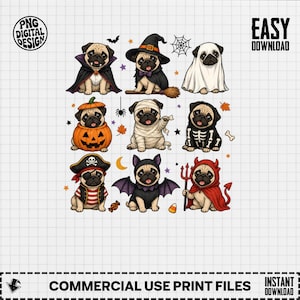 Pode incluir: Um design digital apresentando nove ilustrações de pugs em várias fantasias de Halloween, incluindo um vampiro, bruxa, fantasma, abóbora, múmia, esqueleto, pirata, morcego e diabo, acompanhados por pequenos ícones como aranhas, estrelas e doces.