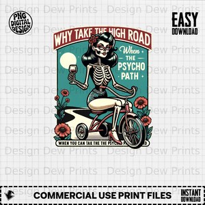 Pin Up Skeleton Girl Art, Psycho Path Quote, Retro Gothic Biker Print (Digital Download)