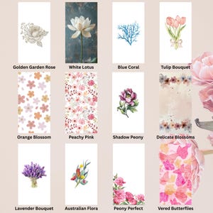 May include: A collection of floral designs on white backgrounds. The designs include a golden garden rose, white lotus, blue coral, tulip bouquet, orange blossom, peachy pink, shadow peony, delicate blossoms, lavender bouquet, Australian flora, peony perfect, and vered butterflies.