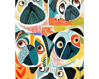 Fine Art Pug Poster, Pug Mom Gift, Scandinavian midcentury pug faces, museum quality matte paper