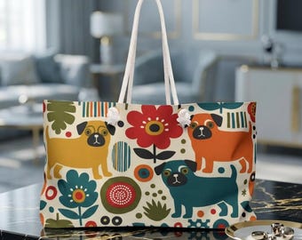 Midcentury Pug Weekender Bag | Pug Mom Tote, Pug Mama Travel Bag