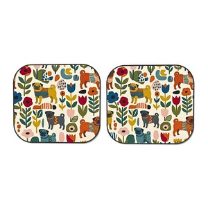 May include: A pair of square car sun shades featuring a repeating pattern of pugs in sweaters, colorful tulips, and abstract shapes on a cream background. The pugs are depicted in shades of tan, black, and brown, interspersed with floral elements.