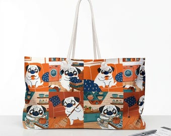 Midcentury Pug Tote Weekender Bag | Pug Mom Pugtrovert Rope Handle