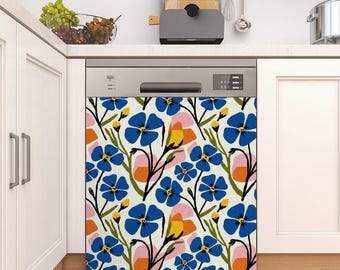 Modern Scandinavian Dishwasher Cover, Minimalist Blue Flax Flower Magnetic Dishwasher Cover Panel – Scandi Mid-Century Decor