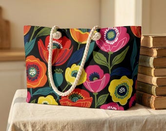 Marimekko-Style Vibrant Poppies Floral Weekender Bag | Midcentury Spring Tote