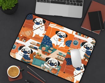 Vintage Pug Art Desk Mat | Funny Pug Mousepad, Pug Mom Dad Office Decor