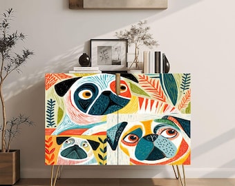 Midcentury Scandi Pug Credenza, Decorative Storage Cabinet with Colorful Folk Art Floral Print, Accent Table for Dog Lovers , pug home decor