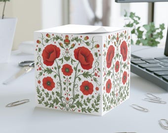 Ukrainian Poppies Floral Sticky Note Cube, Folk Art Office Notes