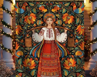 Ukrainian Art Ukrainian Tapestry Minky Softest Blanket Ukrainian Tapestry with Floral Motifs and Maiden Ukrainian Gifts Idea