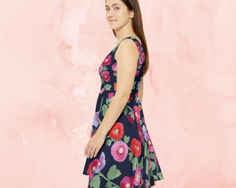 Hollyhock Floral Skater Dress, Spring Tunic Church Dress