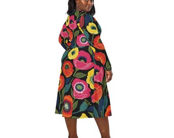 Bold floral midi dress with pockets, modest church Mother’s Day spring long sleeved dress, figure flattering poppies Midcentury dress