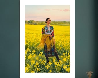 Vibrant Ukrainian Wall Art Poster, Ukrainian Culture Gift, Ukrainian Heritage Folk Watercolor Portrait of Girl in a Field of Rapeseed Plants