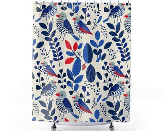 Scandinavian Folk Art Botanical Bird Shower Curtain | Boho Bathroom Decor