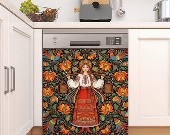 Slavic Magnetic Dishwasher Cover, Boho Floral dishwasher cover panel, Rustic Kitchen Decor, Maiden with Water Yoke Original Art