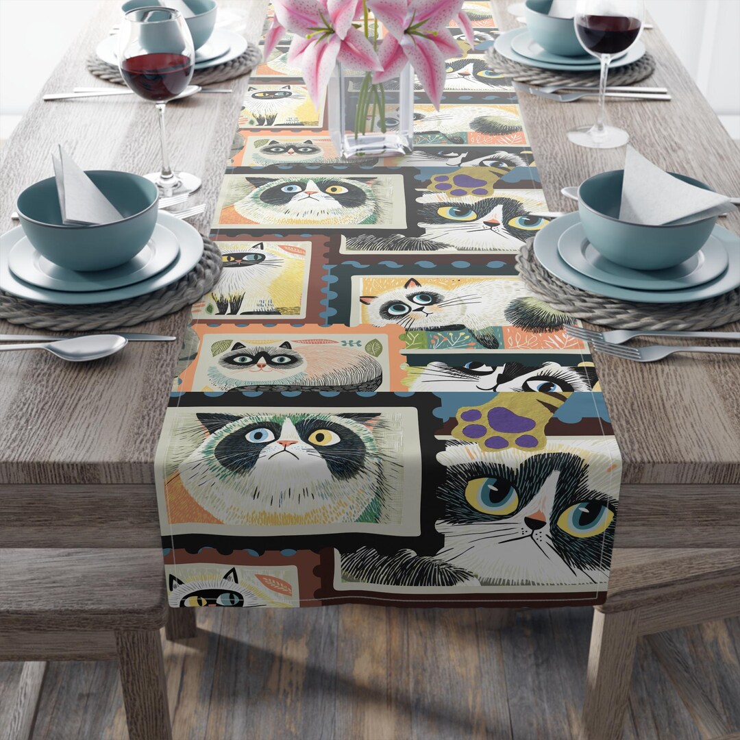 Midcentury Scandi Cat Stamps Table Runner, Cat Table Runner, Cat Home ...