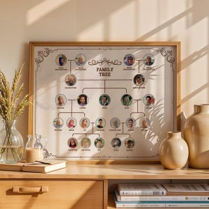 May include: A framed family tree chart with a light brown wooden frame. The chart displays a family tree with photos and labels such as "Mother", "Father", and "Son". The words "Family Tree" are at the top.