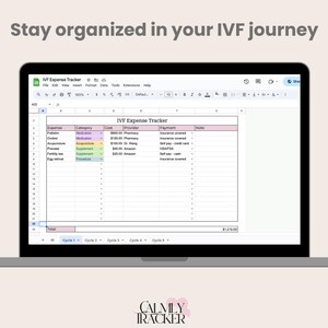 Peut inclure: Un écran d'ordinateur portable affiche une feuille de calcul "IVF Expense Tracker". Le texte "Restez organisé dans votre parcours de FIV" est au-dessus. La feuille de calcul comprend des catégories de dépenses, des coûts, des fournisseurs et des modes de paiement.