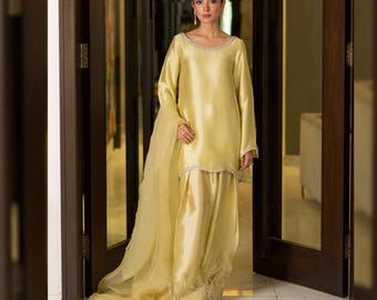 Traje Farshi Salwar de seda Sheesha de 3 piezas / Shalwar Kameez de diseñador indio pakistaní / Vestido de fiesta bordado / Traje de boda festivo de lujo