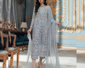Ice blue Pakistani Indian Formal Suit | 3 Piece Luxury Shalwar Kameez | Embroidered Wedding Guest Outfit | Designer Eid Dress | Party Outfit