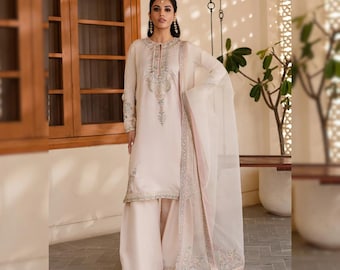 Traje Shalwar Farshi de seda coreana / Vestido de diseñador pakistaní-indio / Shalwar Kameez bordado para fiestas / Atuendo para invitada de boda y Nikkah