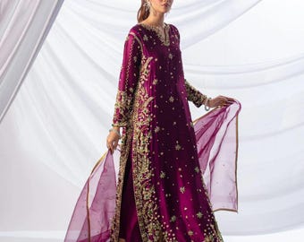 Pure Raw Silk Pakistani Indian Designer Shalwar Kameez | Embroidered Partywear Dress | Luxury Wedding & Eid Outfit | Nikkah Mehndi Dress