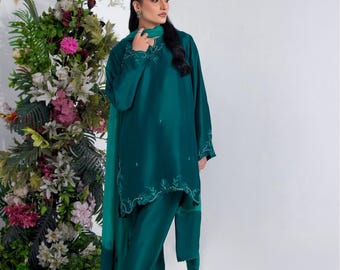 Traje Farshi Shalwar de seda con borlas / Shalwar Kameez formal de diseñador indio pakistaní / Vestido de fiesta bordado / Traje de invitado de boda y Eid