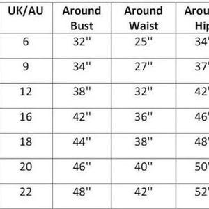 May include: A size chart with measurements in inches for clothing. The chart includes sizes XS to 3XL, with corresponding US and UK/AU sizes, bust, waist, hip, and shoulder measurements.