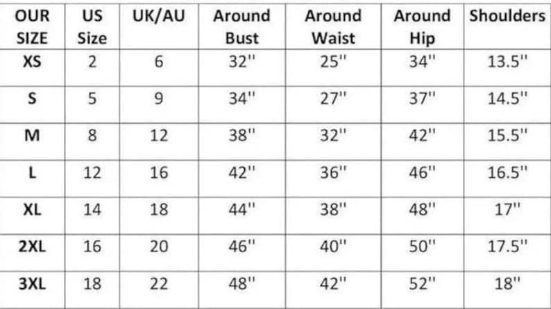 May include: A size chart with measurements in inches for clothing. The chart includes sizes XS to 3XL, with corresponding US and UK/AU sizes, bust, waist, hip, and shoulder measurements.