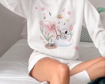 Snoopy Drawing Dog Unisex Sweatshirt, Floral Cherry Blossom Cloud Design, Gift for Dog Lovers, Colorful Pullover, cartoon lovers