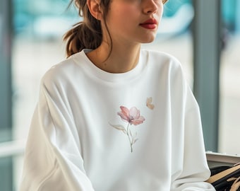 Floral Butterfly Crewneck Sweatshirt, Gift for Her, Daily Wear, Unisex Jumper, Beautiful Flower Design, Cozy Pullover