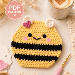 Bee Coaster Crochet Pattern PDF | Kawaii Mug Rug |  Valentine Gift Crochet | Easy Beginner friendly