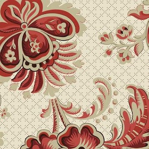 May include: Close-up of a floral pattern in shades of red and beige. The design features large, stylized flowers and leaves against a dotted background. The pattern is reminiscent of vintage wallpaper or fabric.