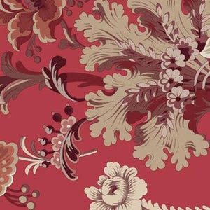 May include: Close-up of a floral pattern in shades of red, beige, and brown. The design features large, stylized flowers and foliage with intricate details. The background is a solid red.