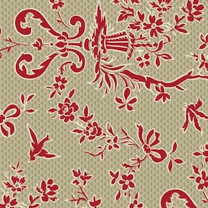 May include: A repeating pattern featuring red floral and scroll designs on a tan background. The design includes stylized flowers, bows, and branches, creating a classic, decorative aesthetic.