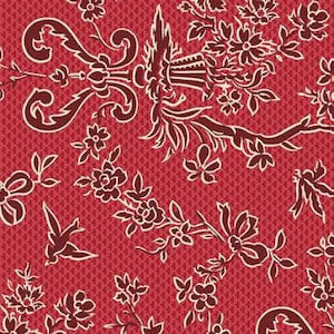 May include: Red and cream-colored floral pattern. The design features stylized flowers, branches, and decorative elements. The background has a textured appearance, creating a vintage aesthetic. The pattern is suitable for fabric or wallpaper.