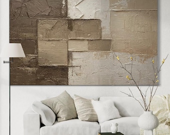 Große neutrale abstrakte Ölgemälde, Wandkunst, beige braune minimalistische Leinwand, moderne Wohnkultur, luxuriöse handgemalte Kunstwerk