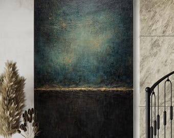 Large Abstract Painting Blue Green, Textured Canvas Art with Gold Line, Moody Modern Wall Art, Minimalist Contemporary Artwork