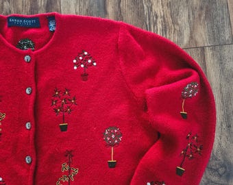 Vintage 90s Wool Embroidered Tree Christmas Sweater Cardigan- Karen Scott - Womens Small/Medium