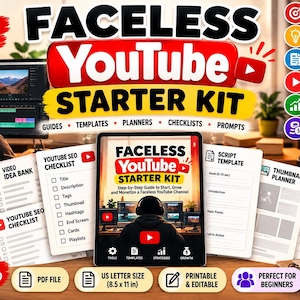 May include: A digital product bundle titled Faceless YouTube Starter Kit, featuring printable documents including a content calendar, video idea bank, SEO checklist, script template, thumbnail planner, and analytics tracker, all in A4-compatible format.
