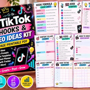 May include: A 12-page printable TikTok Hooks and Video Ideas Kit featuring a black cover with neon graphics and a collection of planning sheets including a hook formula cheat sheet, video idea generator, and content planners.