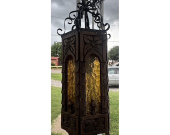 Vintage MCM Spanish Gothic Swag Lamp Iron/ Wood /Amber Glass Hand Carved
