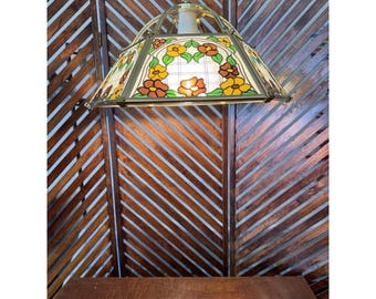 Vintage MCM Frosted Floral Hanging Swag Lamp By Modulite Brass Chain Retro