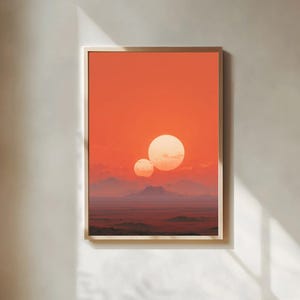 Tvillingsolar Tatooine Planet – Minimalistisk sci-fi-poster | Filmisk ökenlandskapsväggkonst