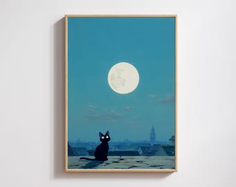 Jiji Full Moon Rooftop Poster – Ghibli Inspired Black Cat Night Sky, Anime Wall Art