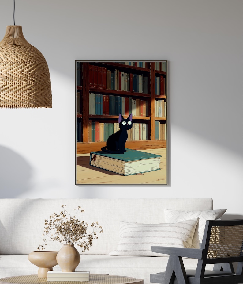 May include: A framed art print featuring a black cat with purple-tipped ears, sitting atop a large, open book. The cat is set against a backdrop of a library filled with books. The artwork has a cartoon style.