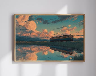 Tren japonés inspirado en El viaje de Chihiro: pintura al óleo estilo Ghibli Atardecer (Descarga digital)