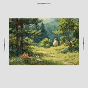 May include: A painting of a forest scene with a path leading to a large, gray, cartoon-like creature. The artwork features lush green trees, grass, and a soft, natural light, evoking a sense of tranquility.