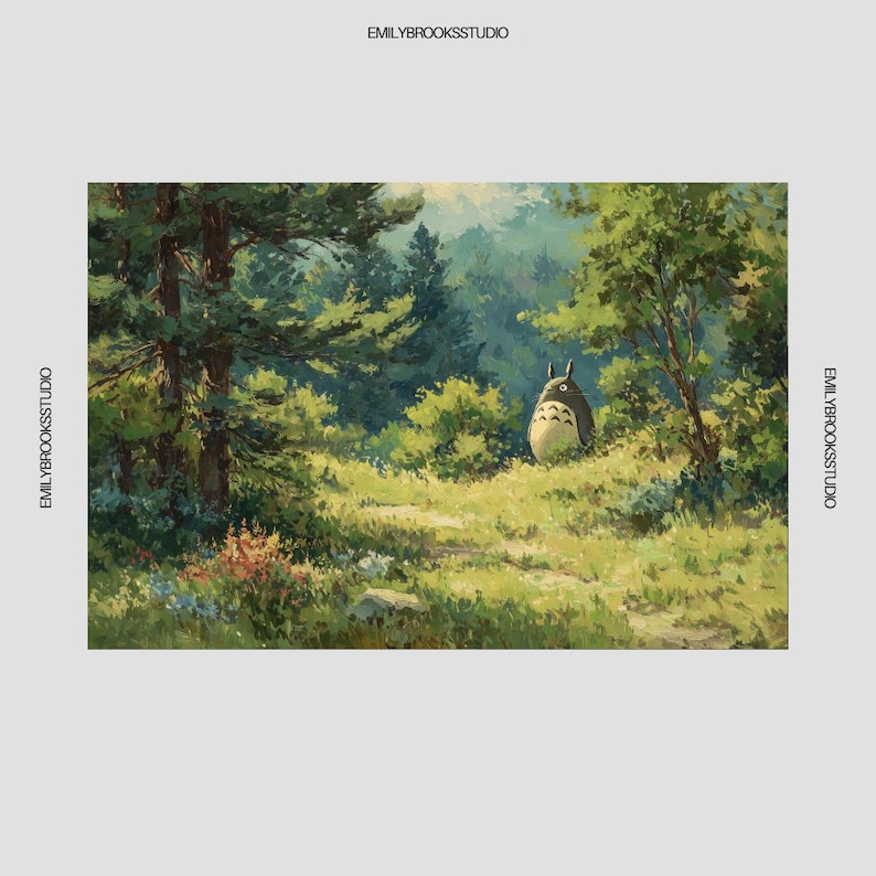 May include: A painting of a forest scene with a path leading to a large, gray, cartoon-like creature. The artwork features lush green trees, grass, and a soft, natural light, evoking a sense of tranquility.