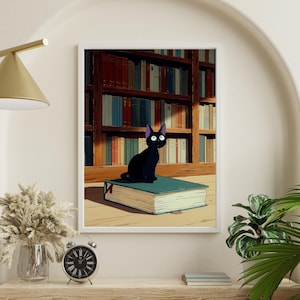 Jiji Library Book Poster – Ghibli Inspired Black Cat Bookshelf Art, Cozy Wall Decor image 6